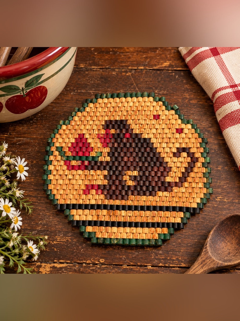 Vintage Monkey with Fruit Wood Bead Trivet Hot Pad Kitschy